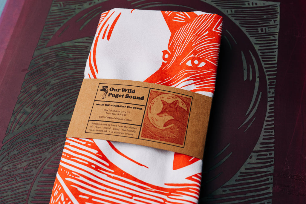 Fox in the Moonlight Tea Towel in Orange