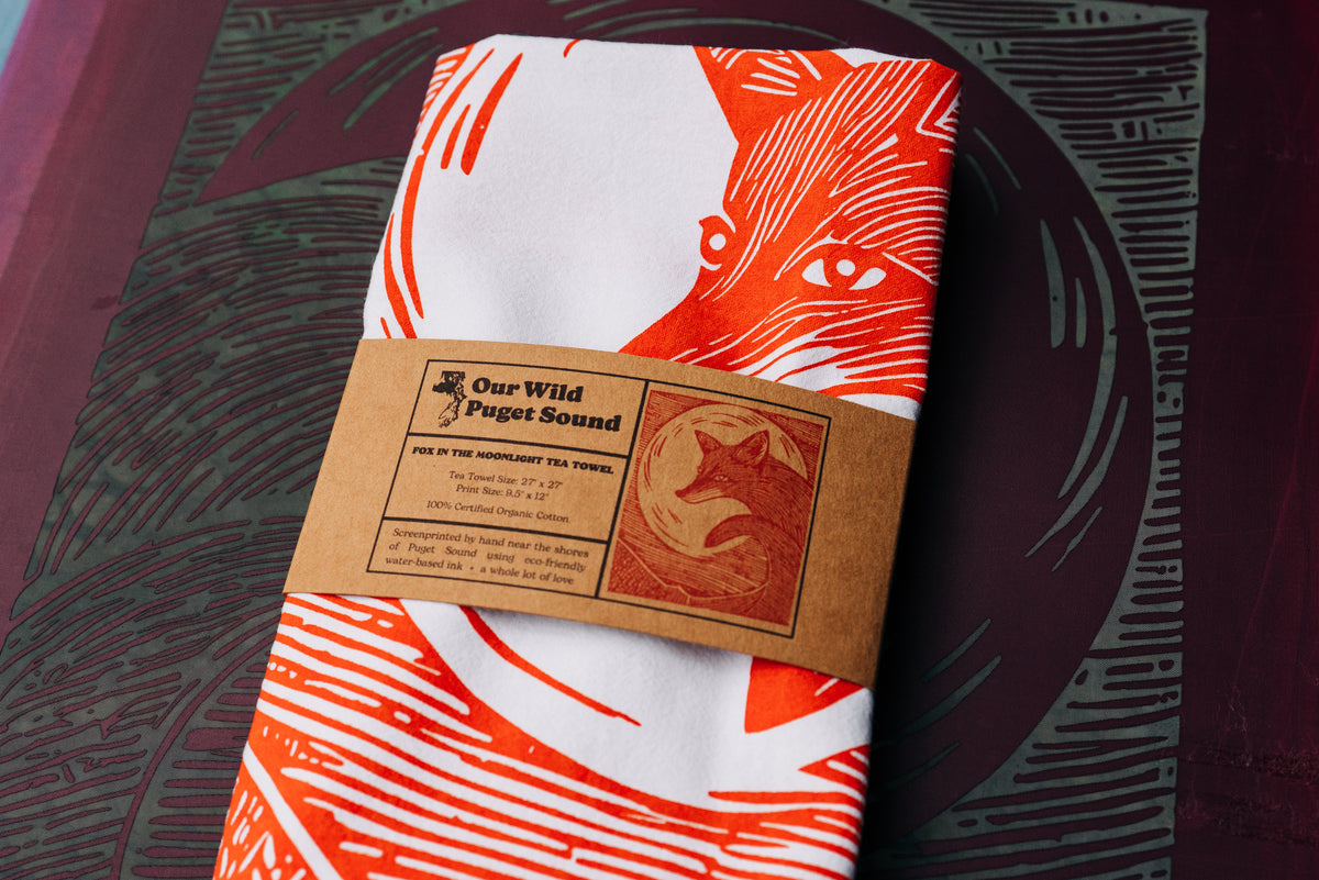 Fox in the Moonlight Tea Towel in Orange