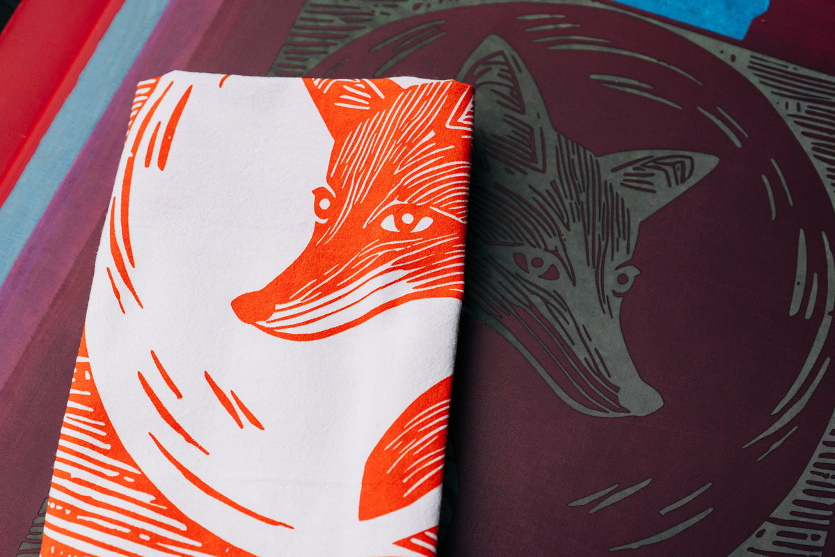 Fox in the Moonlight Tea Towel in Orange