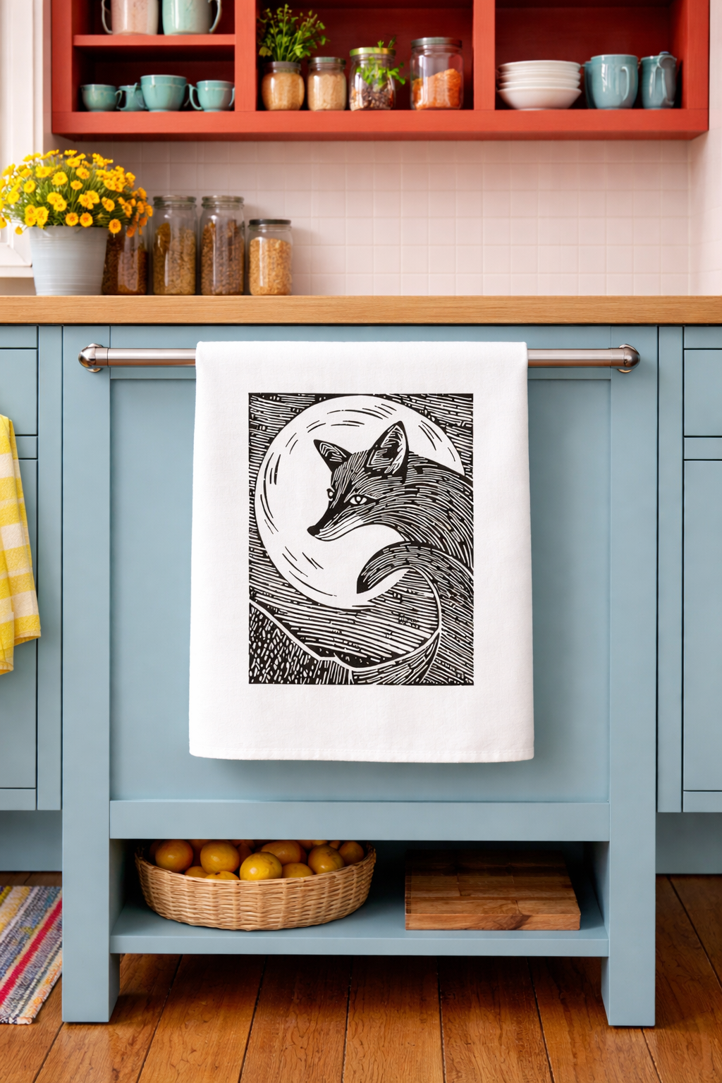 Fox in the Moonlight Tea Towel in Black