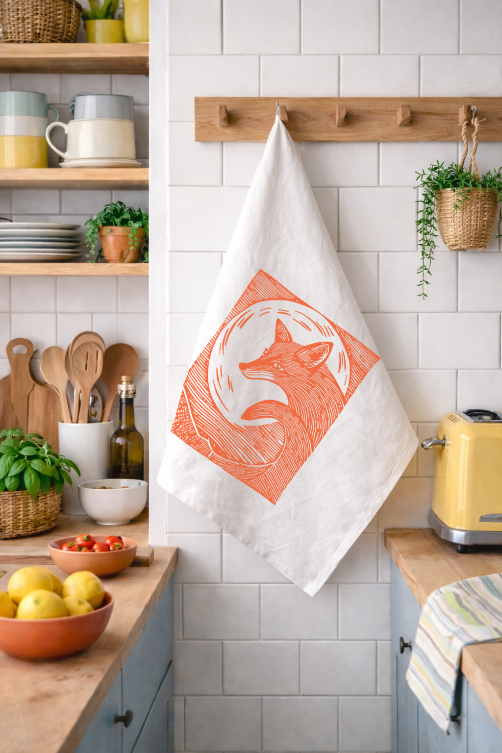 Fox in the Moonlight Tea Towel in Orange