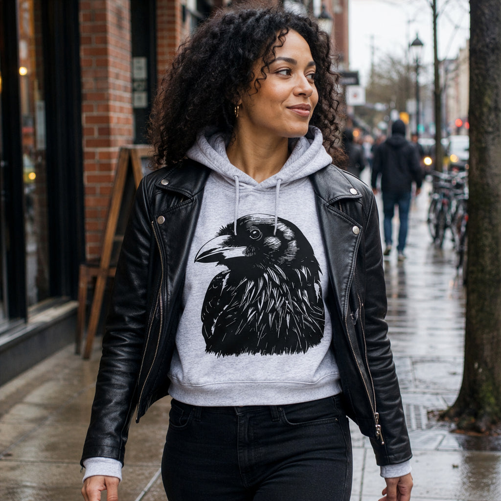 Raven Portrait Cropped Hooded Sweatshirt